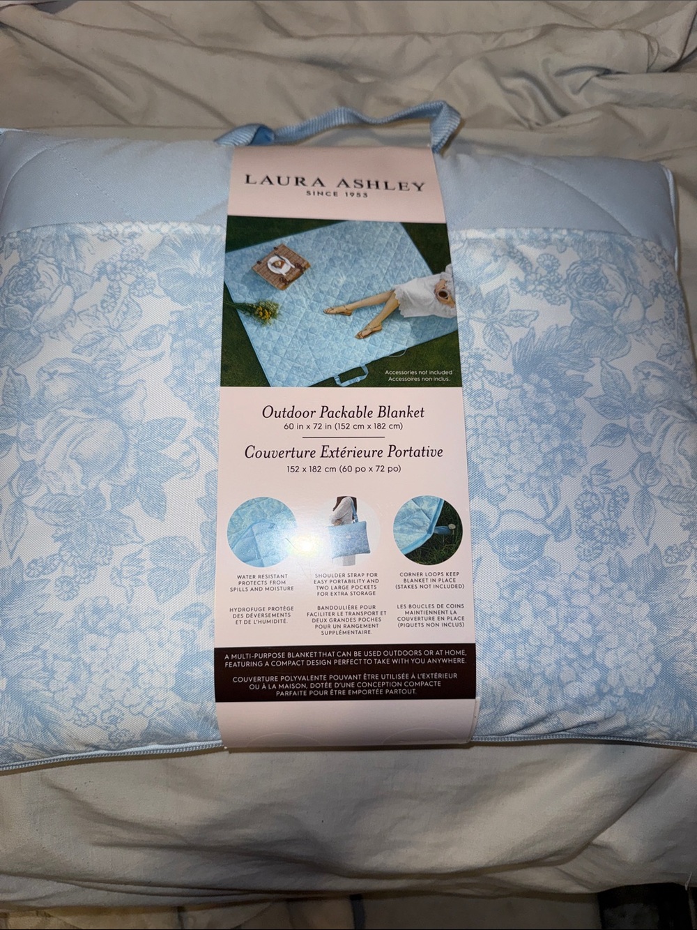 Laura Ashley Light Blue Floral Outdoor Packable Blanket